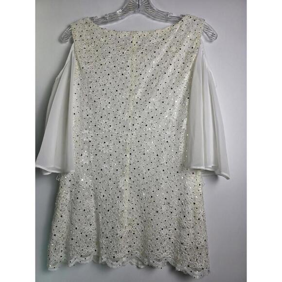 Cold Shoulder White Lace Top With Sequins Chiffon Sleeves Scalloped Hemline Sz M - Picture 5 of 8